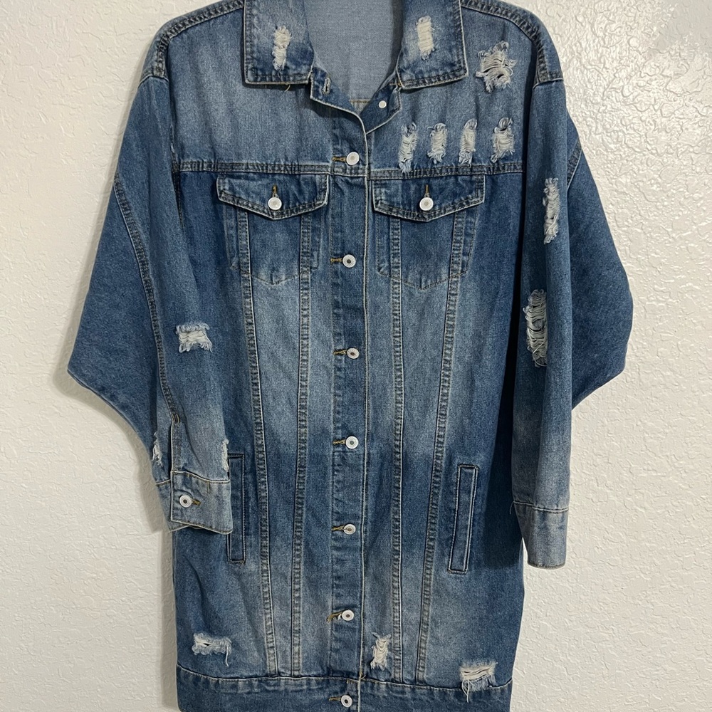 Noble U Women's size M/L Blue Long Denim Distressed Jacket #292